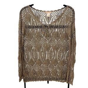 Forever 21 Boho Open Knit Crochet Tan Tunic Suede Tie Up Top - Women’s MD